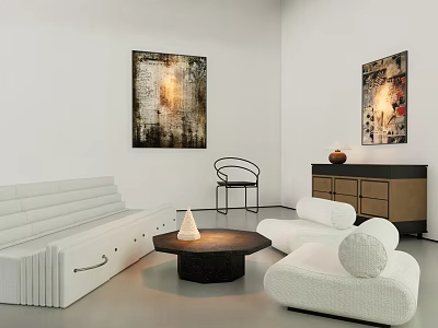 Modern Living Room White Sofa And Coffee Table Set With Artwork And Side Chair 3d model