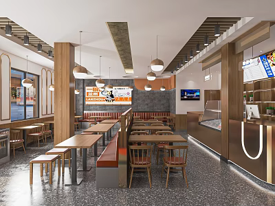 Modern Restaurant Interior Design With Wooden Tables Chairs Pendant Lights TV And Menu Boards 3d model