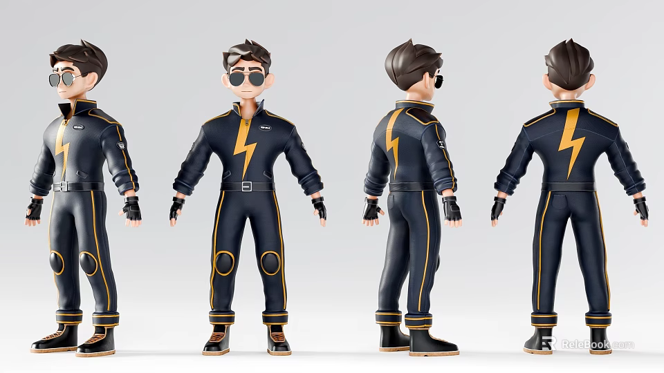 Cartoon Man In Blue Jumpsuit With Yellow Lightning Design Different Angles Black Gloves Brown Shoes 3d model 