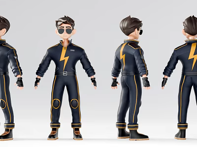 Cartoon Man In Blue Jumpsuit With Yellow Lightning Design Different Angles Black Gloves Brown Shoes 3d model