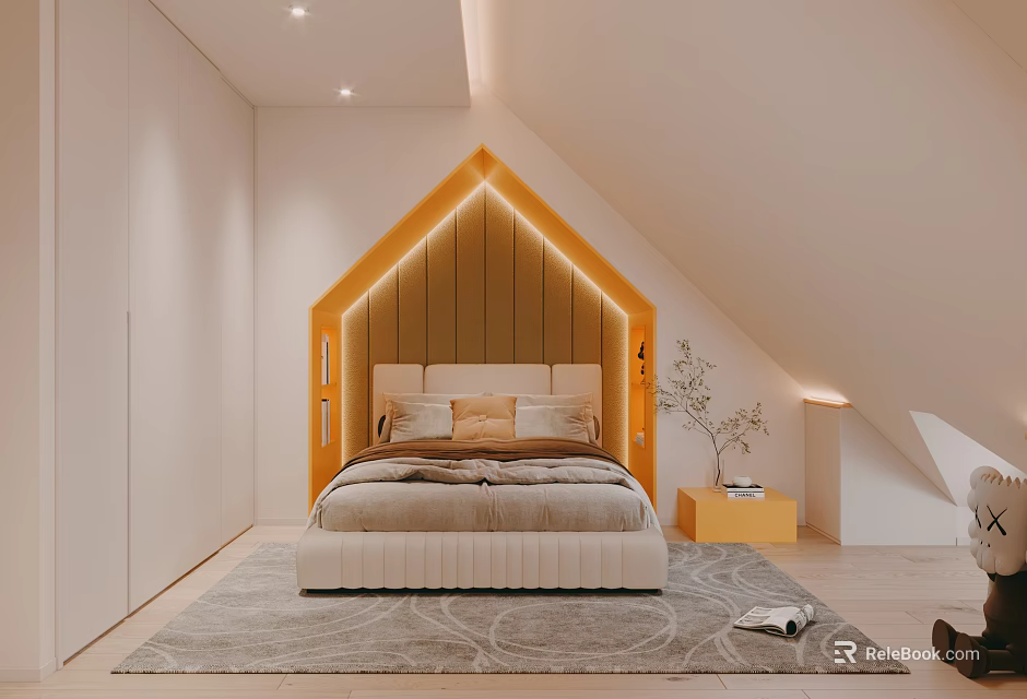 Cozy Attic Bedroom Interior With Unique Gable Headboard Lighting And Soft Carpet 3d model 