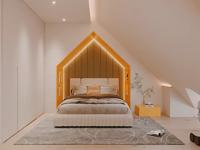 Cozy Attic Bedroom Interior With Unique Gable Headboard Lighting And Soft Carpet 3d model