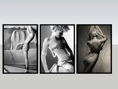 Three Panel Black and White Female Figure Paintings Collection with Artistic Poses and Contours 3d model