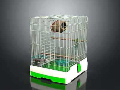 White Metal Bird Cage With Perch Nest Food Dish And Green White Base 3d model
