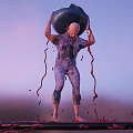 Humanoid Character Lifting Black Creature With Red Organic Debris On Circular Platform 3d model