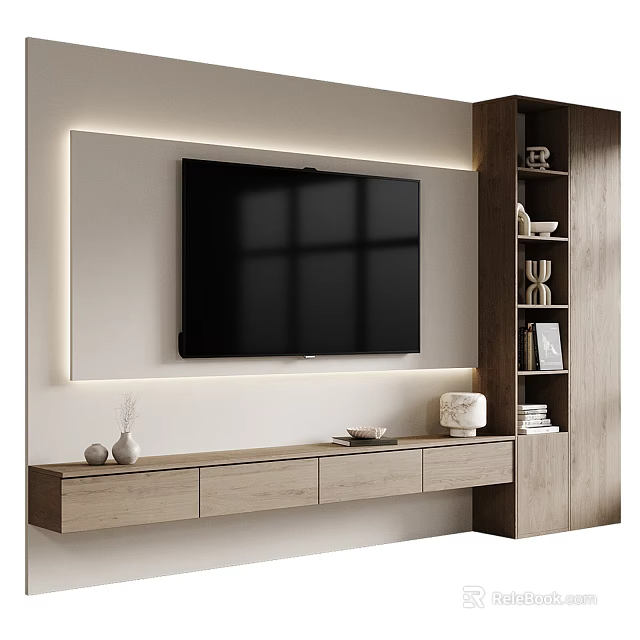Modern TV Wall Design With LED Lighting Wooden Cabinets And Floating Stand 3d model 