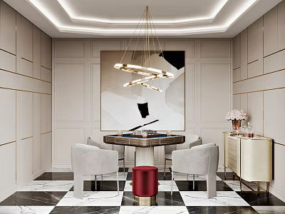 Elegant Modern Hotel Mahjong Room With White Gold Walls Gray Chairs And Checkerboard Floor 3d model
