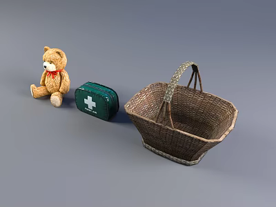 Woven Storage Basket for Home Organizing with Teddy Bear and First Aid Kit 3d model