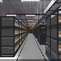 Server Room Featuring Multiple Racks Orange Walls Black Ceiling White Floor Long Strip Lights 3d model