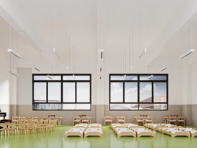Spacious Kindergarten Classroom Interior With Green Floors Wooden Beds Tables Chairs And Large Windows 3d model
