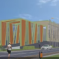 Modern Industrial Factory Exterior With Colorful Vertical Stripes Large Windows And Surrounding Road