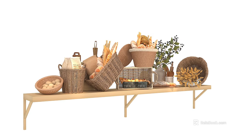 Assorted Fresh Food Including Baked Bread in Wicker Baskets on Wooden Shelf 3d model 