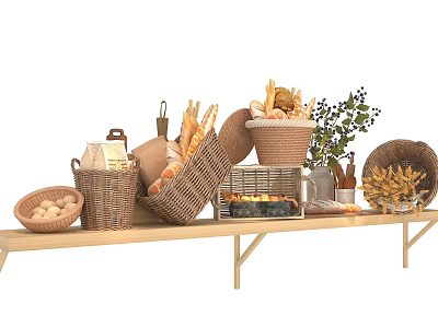 Assorted Fresh Food Including Baked Bread in Wicker Baskets on Wooden Shelf 3d model