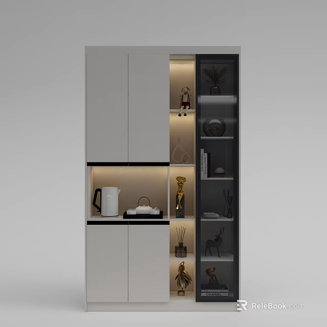 Modern Decorative Cabinet With White Black Finish Glass Shelves And Interior Lighting 3d model 