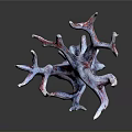 Decorative Plant Sculpture with Blue Red Textured Branches on Black Background