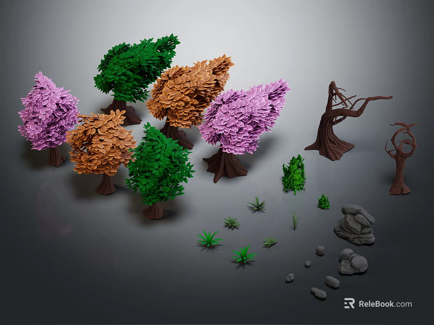 Cartoon Scene With Colorful Trees Bushes Green Shrubs Stones And Dead Tree Elements 3d model 