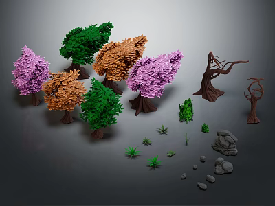 Cartoon Scene With Colorful Trees Bushes Green Shrubs Stones And Dead Tree Elements 3d model