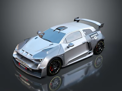 Silver Sporty Car With Sleek Body Rear Spoiler And Black Wheels 3d model