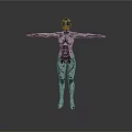 Female Cyborg Figure with Mechanical and Biological Elements Standing with Arms Outstretched Against Gray Background