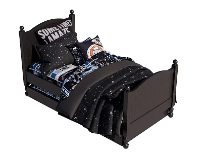 Black Kids Bed With Star Wars Theme Headboard And Space Stars Bedding 3d model