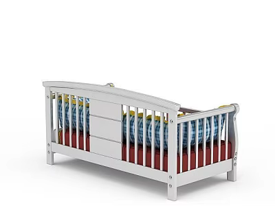 White Baby Crib With Guard Rails Drawer Red Base And Patterned Mattress 3d model