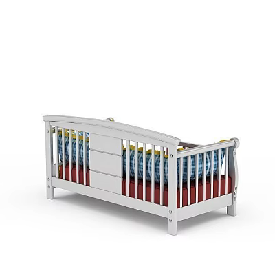 White Baby Crib With Guard Rails Drawer Red Base And Patterned Mattress 3d model