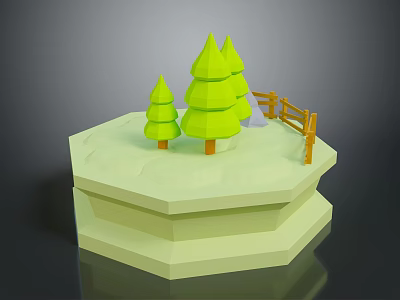 Green Pine Trees Decorative 3D Model Scene on Hexagonal Platform with Wooden Fence 3d model