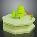 Green Pine Trees Decorative 3D Model Scene on Hexagonal Platform with Wooden Fence