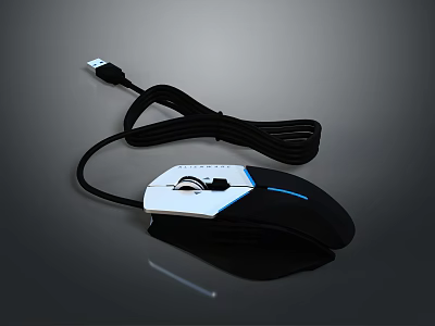Sleek Wired USB Computer Mouse With White And Black Design And Blue LED Light 3d model