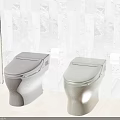 Modern Dark Gray and Green Toilets in Bathroom with Marble Wall and Wooden Floor