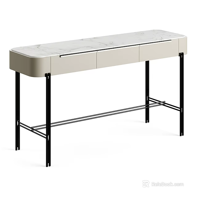 Modern Dressing Table With White Marble Top Black Metal Frame Drawers And Lower Shelf 3d model 