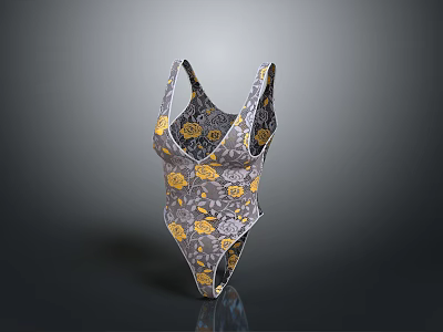 Stylish Gray One Piece Swimsuit With Yellow Floral Pattern For Daily Summer Wear 3d model