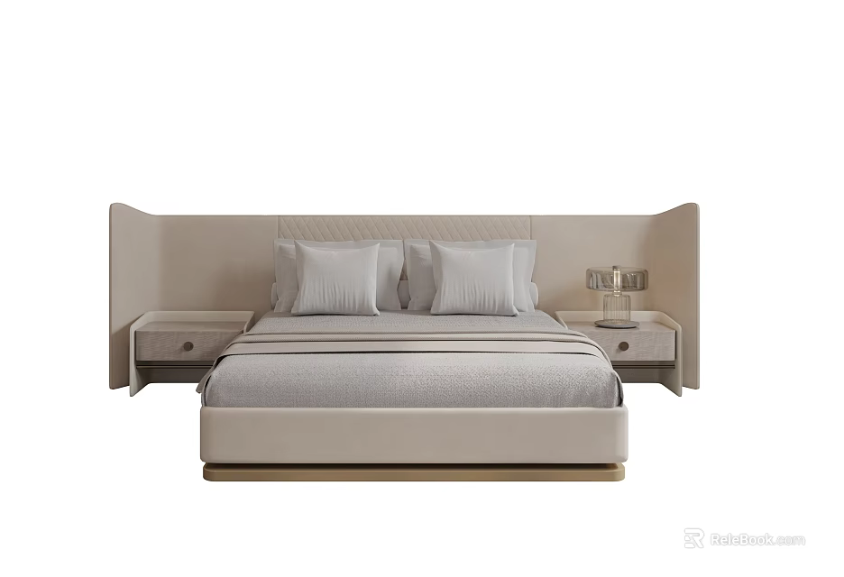 Modern Upholstered Double Bed with Bedside Tables and Table Lamps 3d model