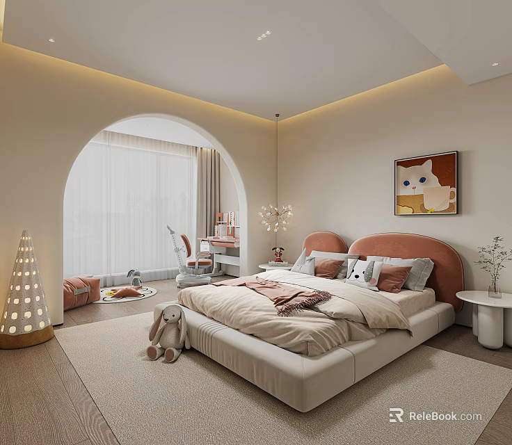 Children's Bedroom With Arched Window Bed Desk Chair Soft Rug And Wall Painting 3d model 