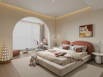 Children's Bedroom With Arched Window Bed Desk Chair Soft Rug And Wall Painting 3d model