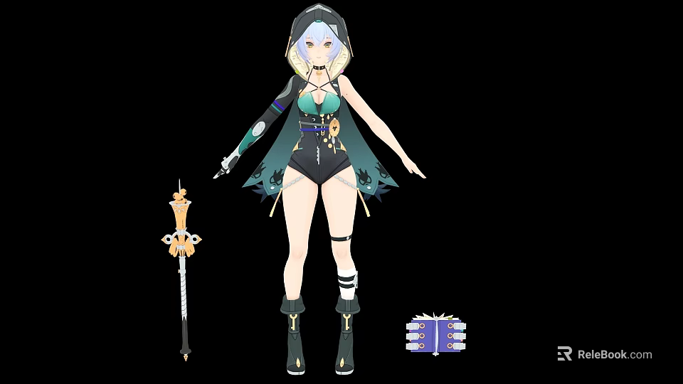 Game Movie Character With Blue White Hair Green Outfit Holding Golden Sword Purple Accessory 3d model 