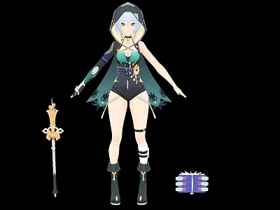 Game Movie Character With Blue White Hair Green Outfit Holding Golden Sword Purple Accessory 3d model