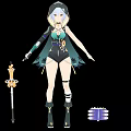 Game Movie Character With Blue White Hair Green Outfit Holding Golden Sword Purple Accessory
