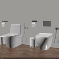 Two White Toilets With Toilet Paper Holders Trash Cans Brush On Wooden Floor Light Wall