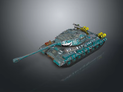 Teal Military Tank With Camouflage Pattern Long Cannon Yellow Components And Metal Tracks 3d model