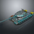 Teal Military Tank With Camouflage Pattern Long Cannon Yellow Components And Metal Tracks