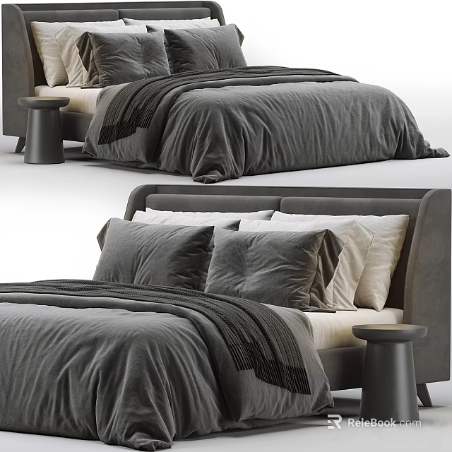 Modern Gray Double Bed With Velvet Headboard Plush Pillows And Side Stool 3d model 