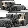 Modern Gray Double Bed With Velvet Headboard Plush Pillows And Side Stool