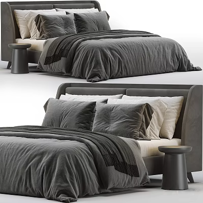 Modern Gray Double Bed With Velvet Headboard Plush Pillows And Side Stool 3d model