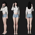 Woman Wearing White Top Denim Shorts And High Heels Three Quarter Front Side Back Views