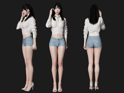Woman Wearing White Top Denim Shorts And High Heels Three Quarter Front Side Back Views 3d model