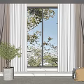 Elegant Gray White Curtains Interior With Tree View Indoor Plant And Soft Rug