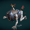 Game Movie Character with Wooden Barrel Body Skull Face Arrows Swords Extended Arms and Chains
