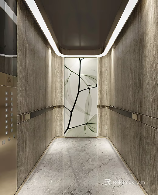 Elevator Interior with Wooden Walls Glass Decoration Line Pattern Marble Floor and Metal Handrails 3d model 