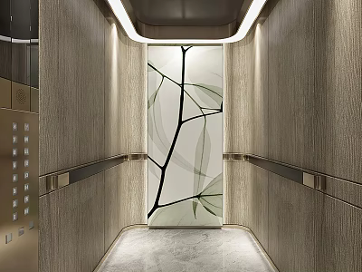 Elevator Interior with Wooden Walls Glass Decoration Line Pattern Marble Floor and Metal Handrails 3d model